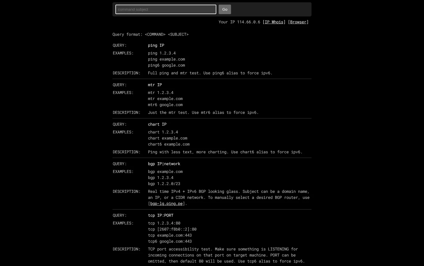 Ping, mtr, dig, TCP port check and real time BGP looking glass from multiple locations 页面快照